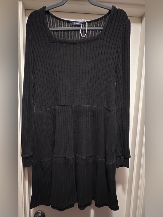 Sampeel Dresses & Skirts - Black/Dark grey Ribbed Long-Sleeve Tiered Dress